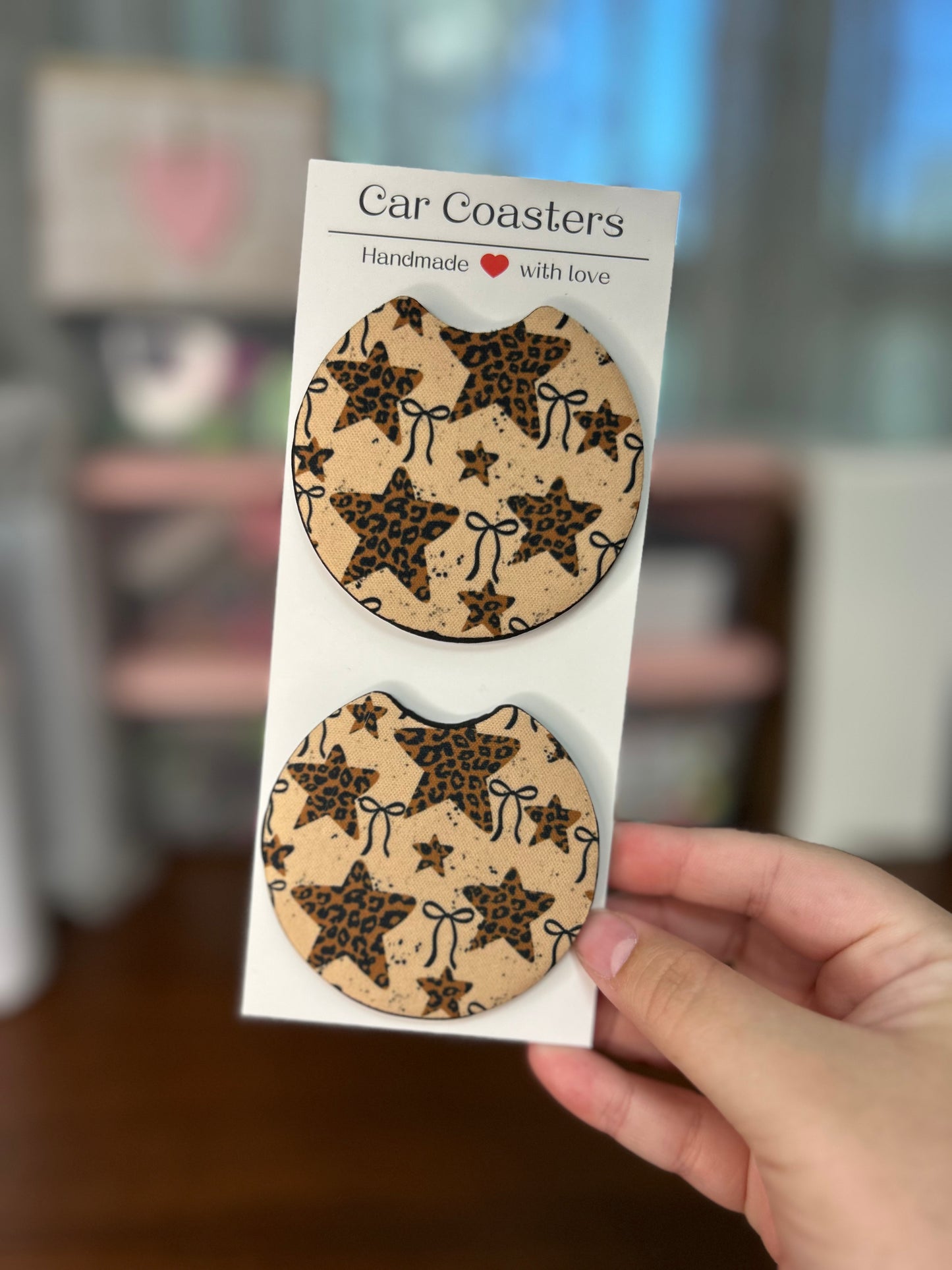 Cheetah Stars & Bows Sublimation Car Coasters - Set of 2
