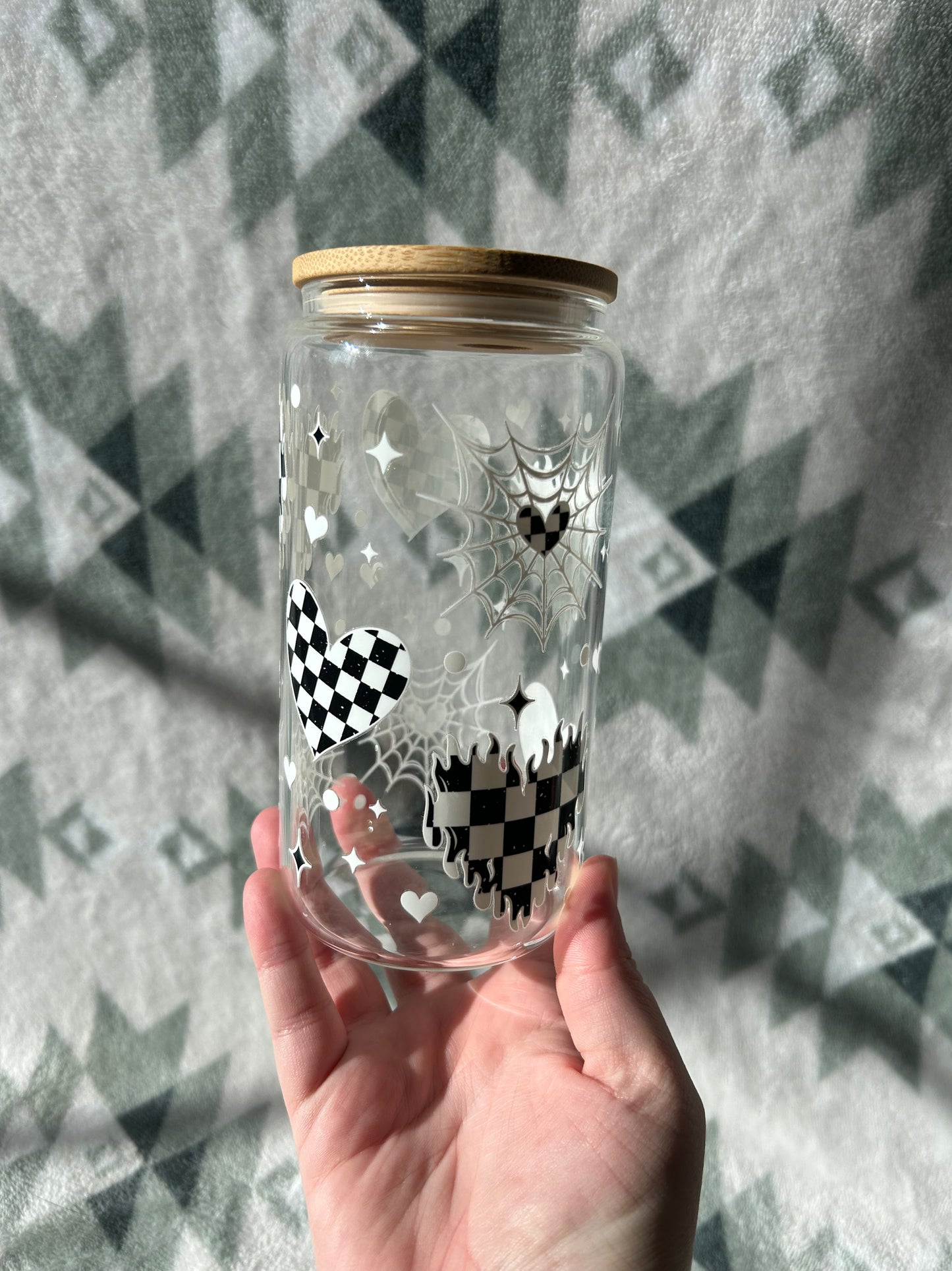 Checkered Hearts 16 OZ Glass Cup
