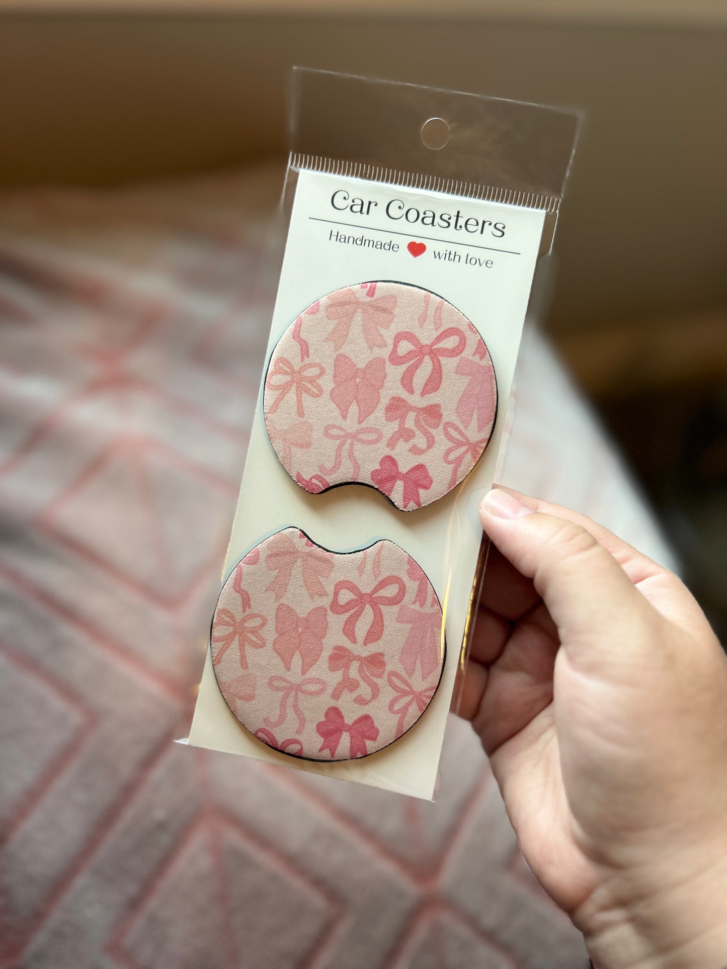 Pink Bows Car Coasters - Set of 2