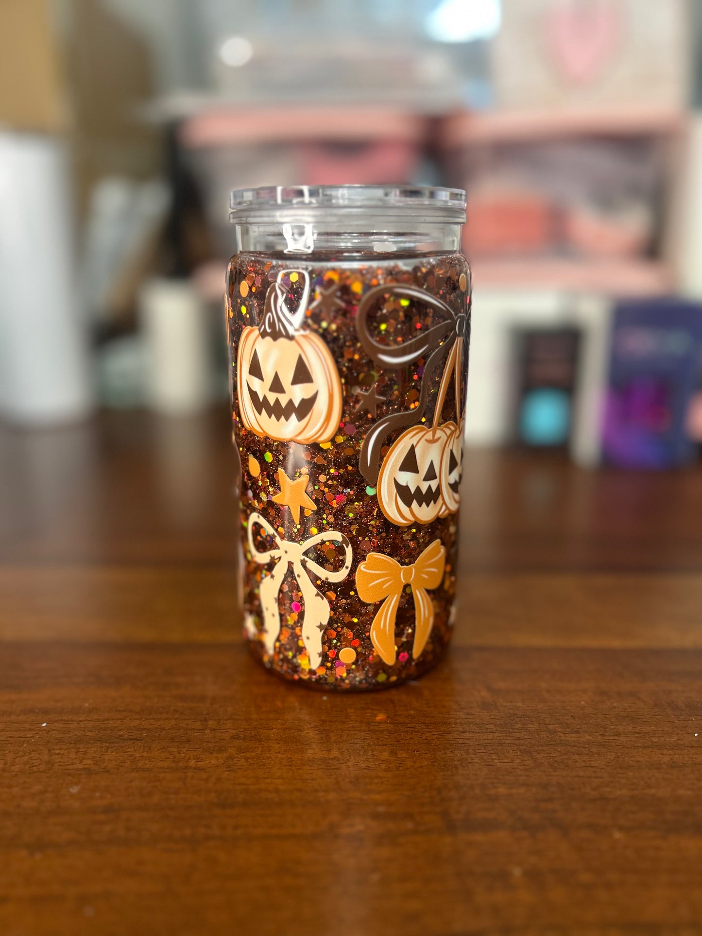 Halloween Bows & Pumpkins 16 OZ Acrylic Snowglobe tumbler
