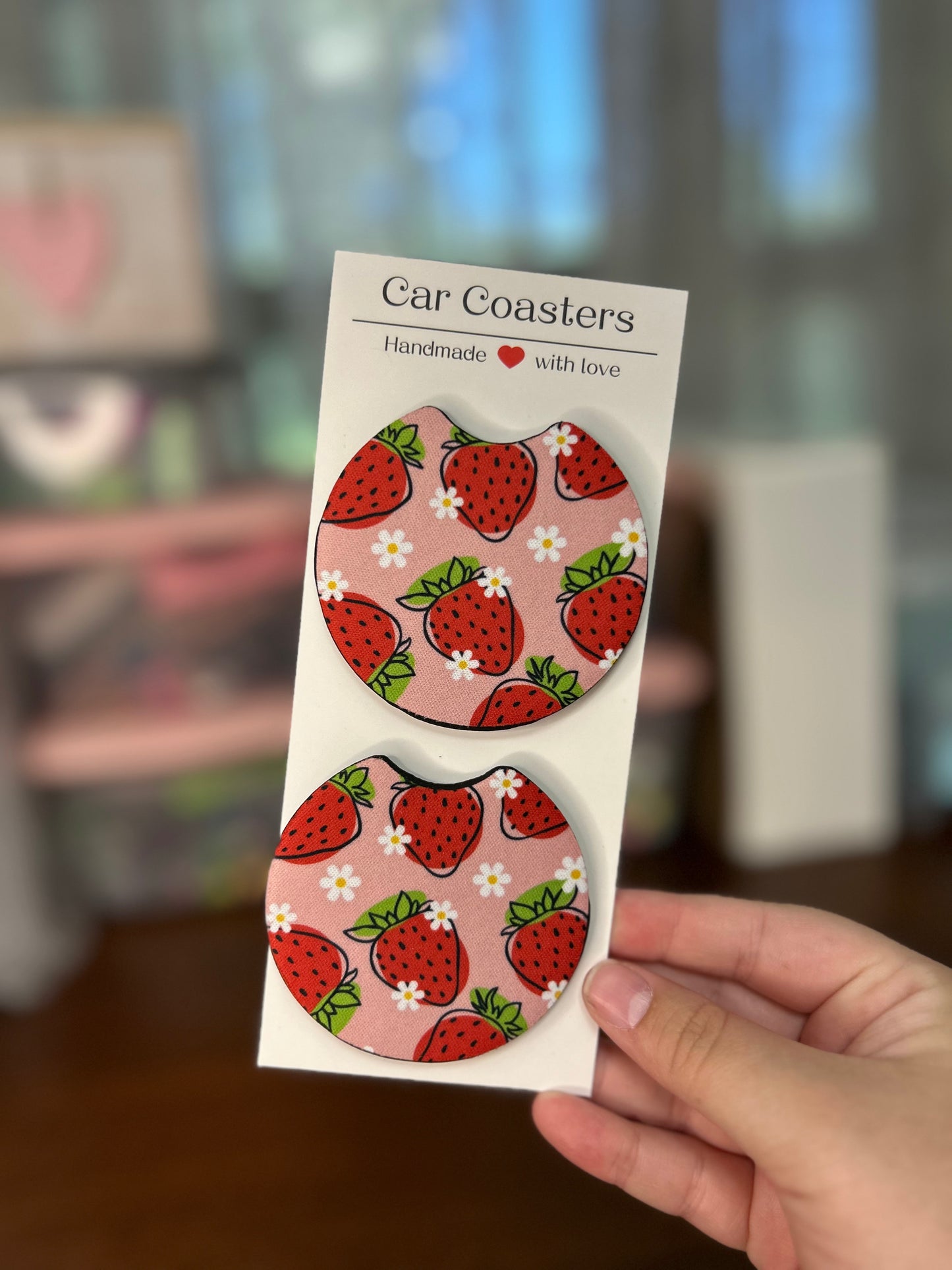Floral Strawberries Sublimation Car Coasters - Set of 2