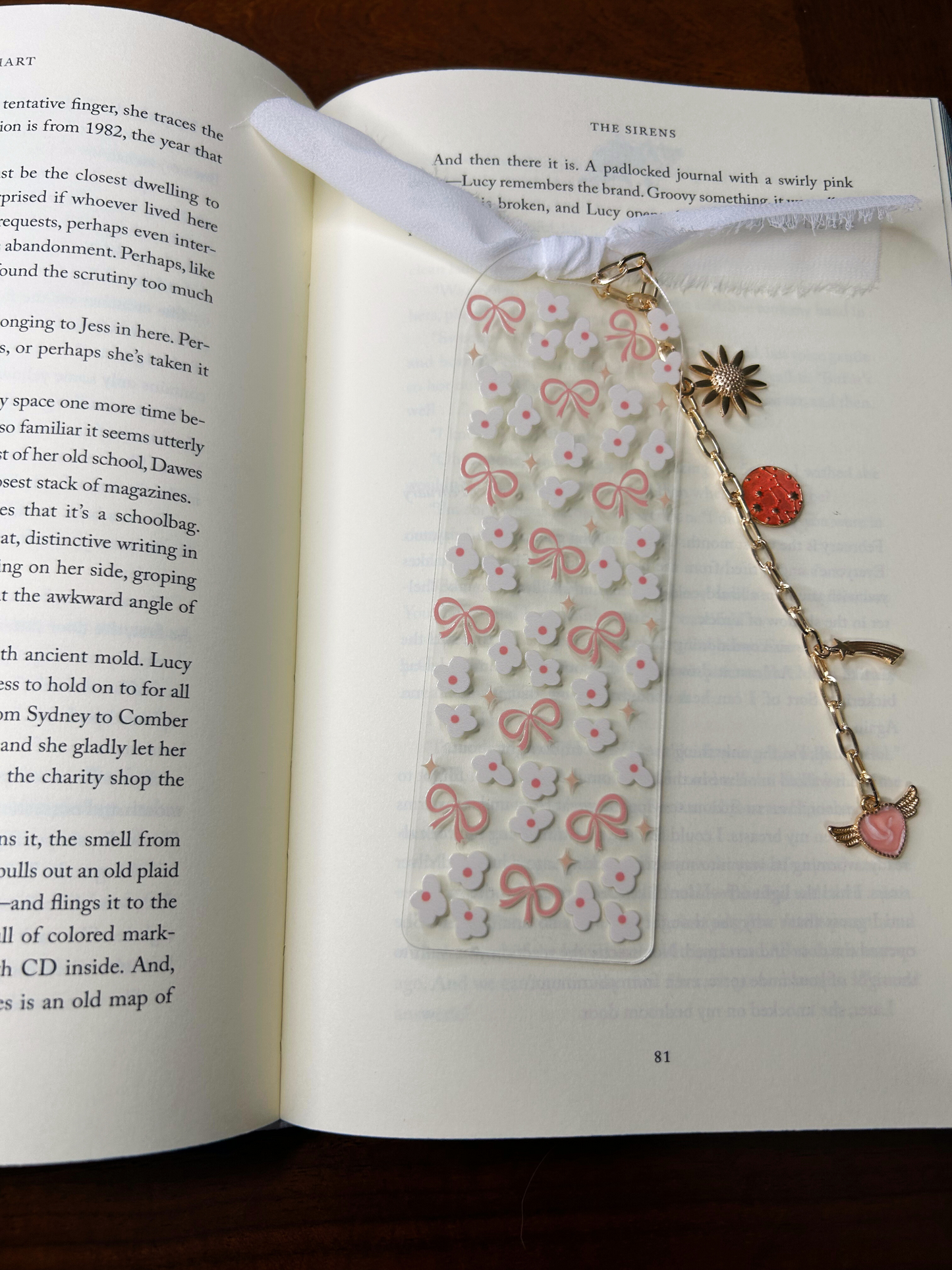 White Flowers and Bows Acrylic Charm Bookmark