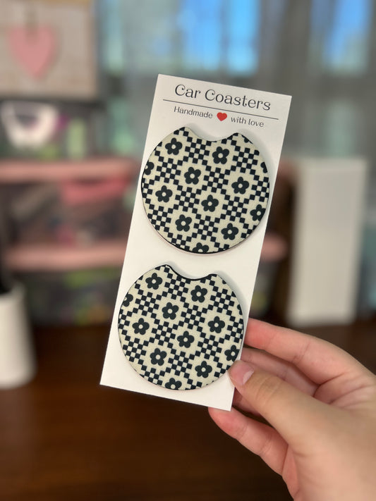Black Checkered Floral Sublimation Car Coasters - Set of 2