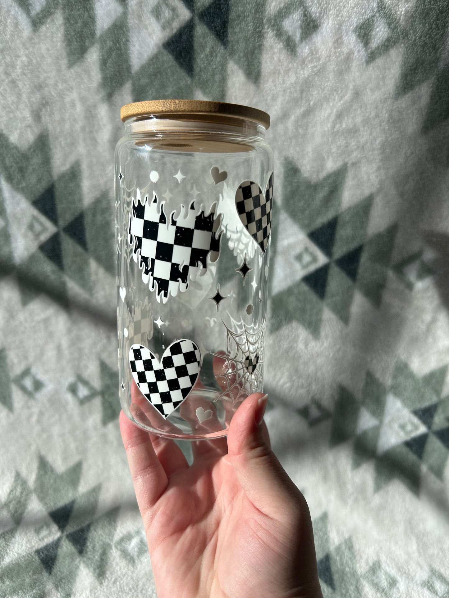 Checkered Hearts 16 OZ Glass Cup