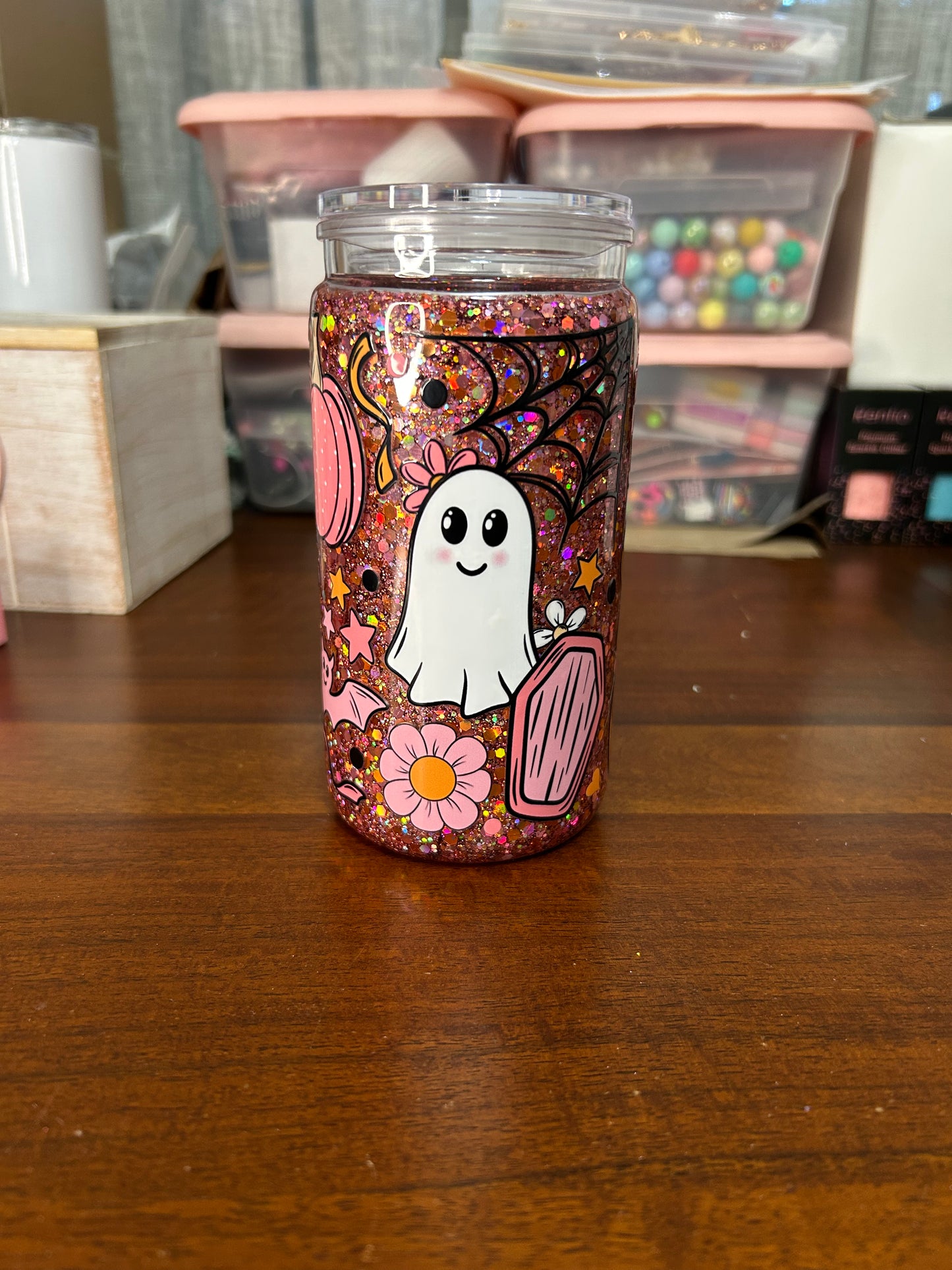 Pink Halloween 16 OZ Acrylic Snowglobe Tumbler