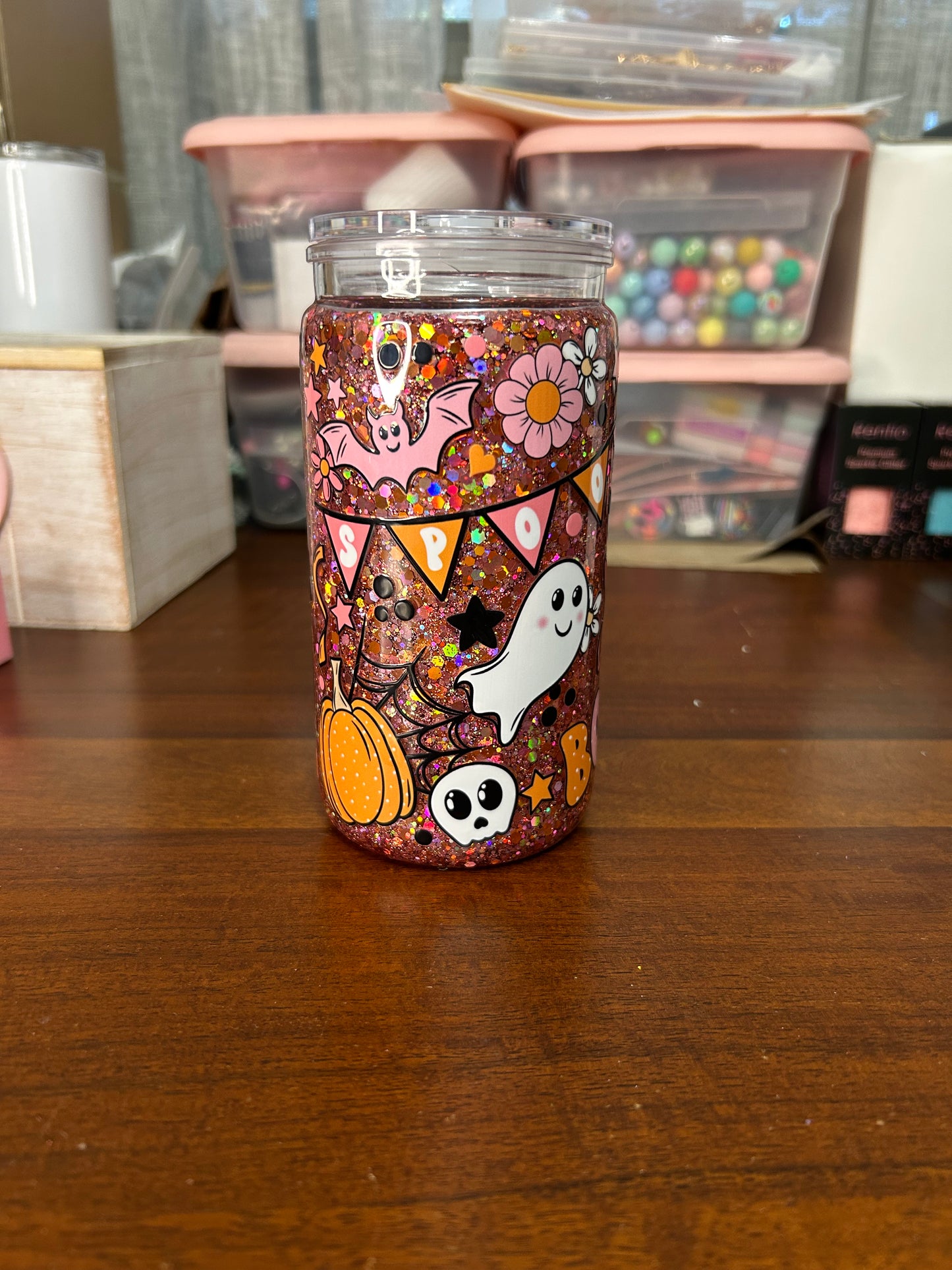 Pink Halloween 16 OZ Acrylic Snowglobe Tumbler