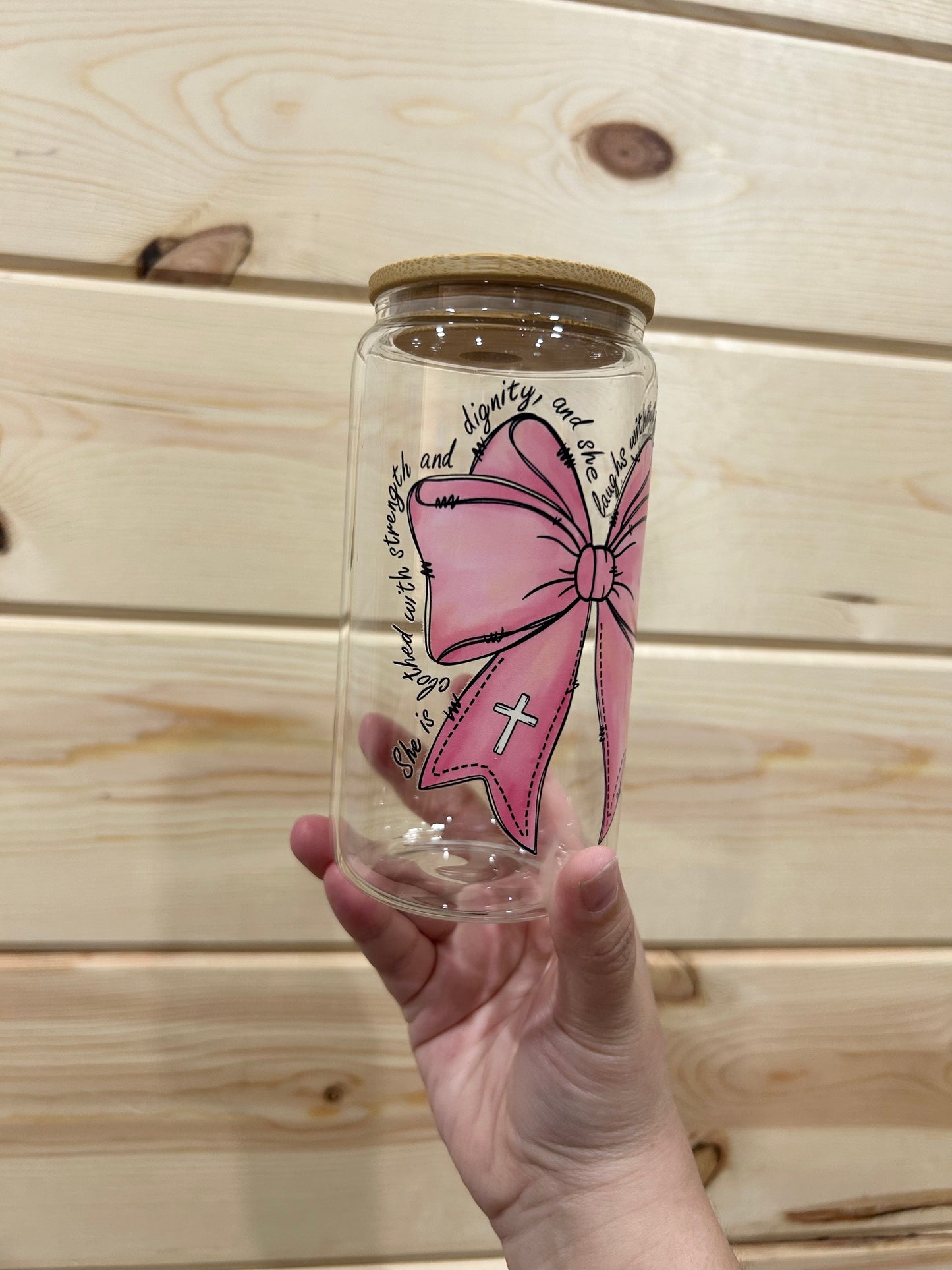 Proverbs 31:25 16 OZ Glass Cup