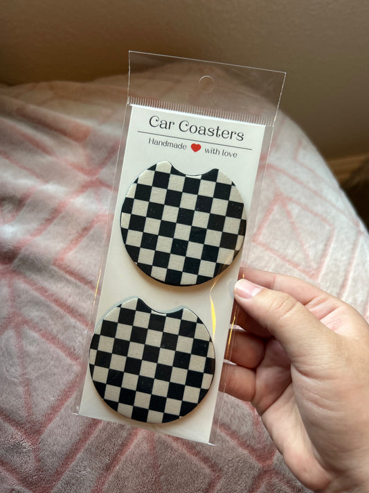 Black & White Checkered Car Coasters - Set of 2
