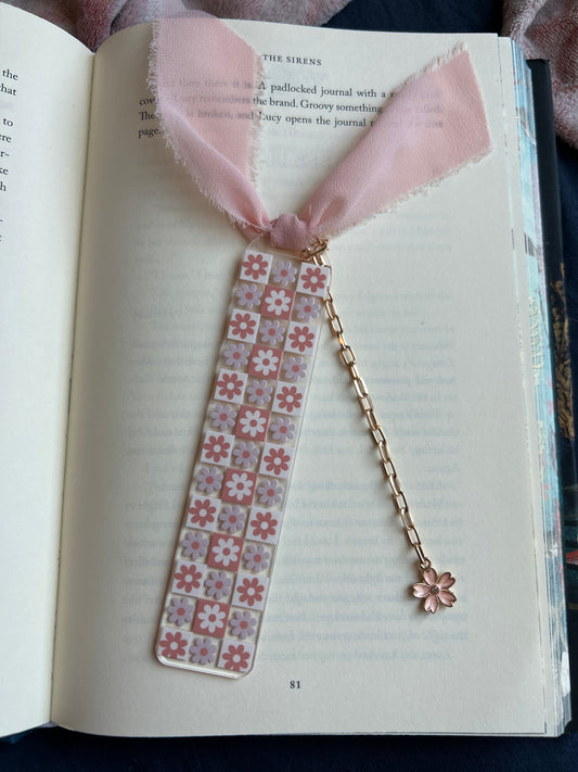 Pink Checkered Flowers Bookmark