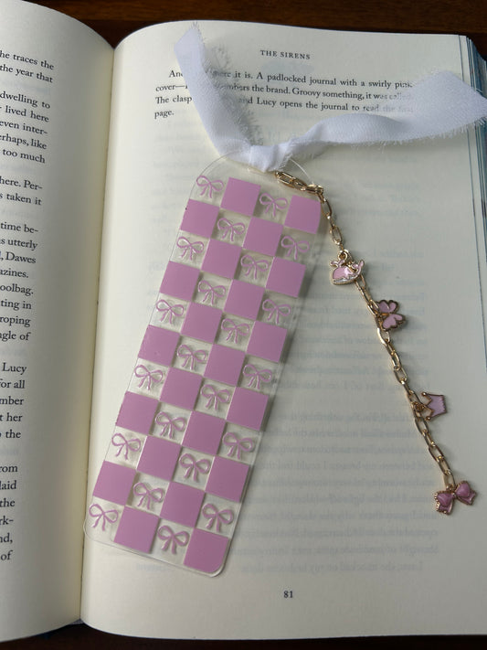 Pink Checkered & Bows Acrylic Charm Bookmark