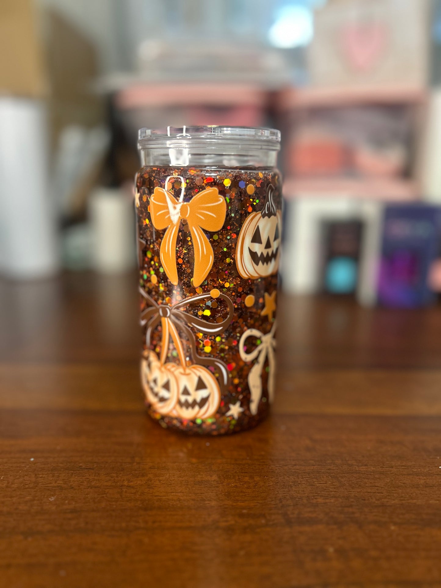 Halloween Bows & Pumpkins 16 OZ Acrylic Snowglobe tumbler