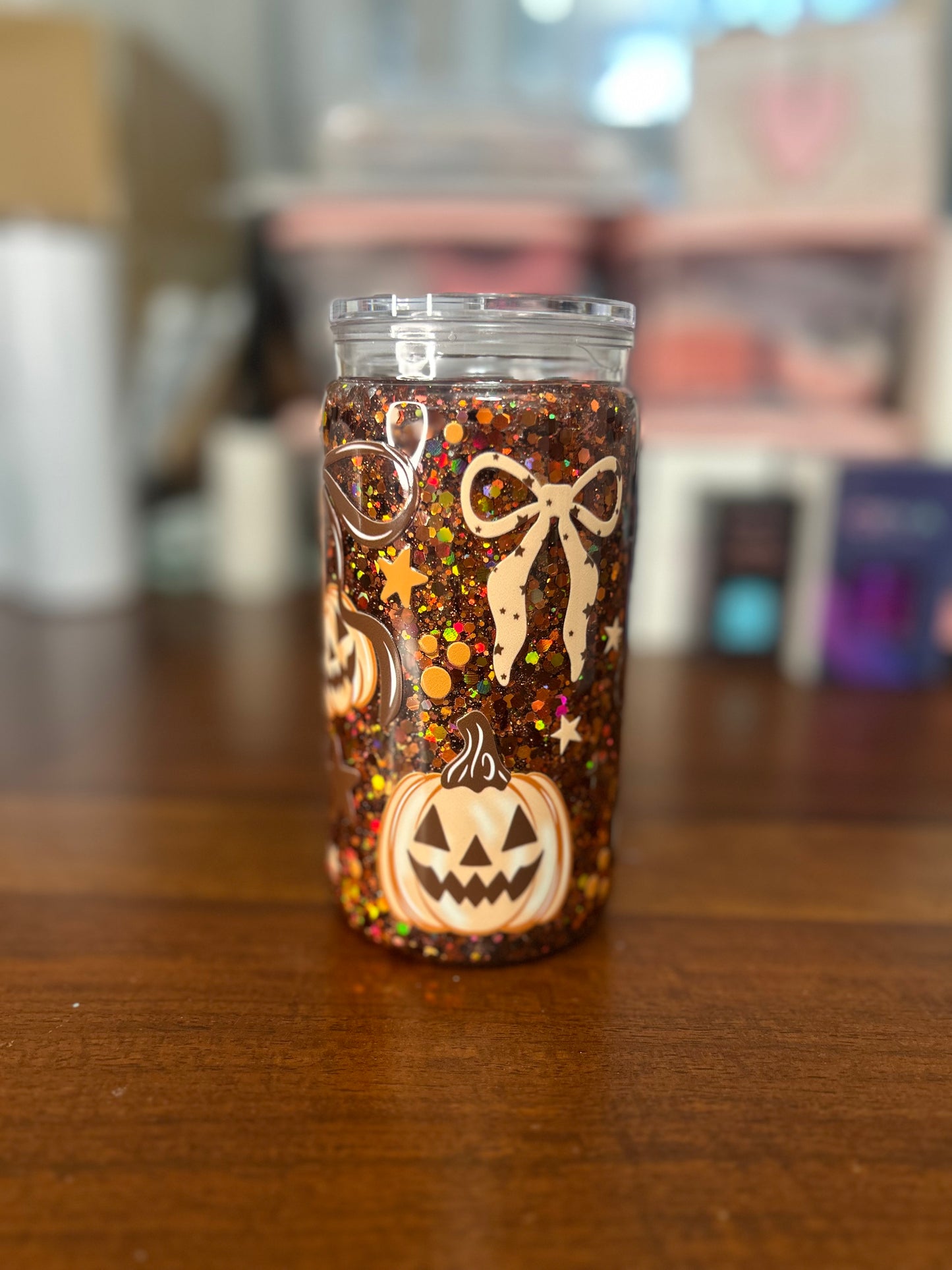 Halloween Bows & Pumpkins 16 OZ Acrylic Snowglobe tumbler