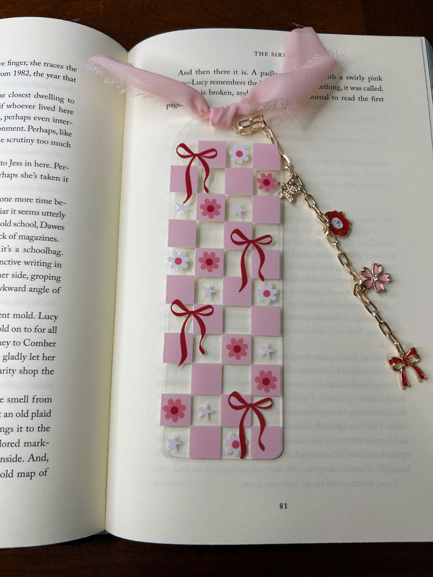 Pink Checkered & Red Bows Acrylic Charm Bookmark