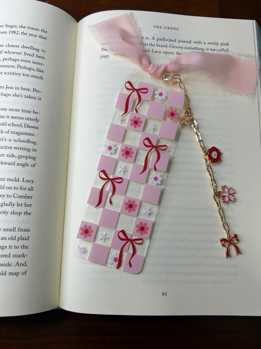 Pink Checkered & Red Bows Acrylic Charm Bookmark