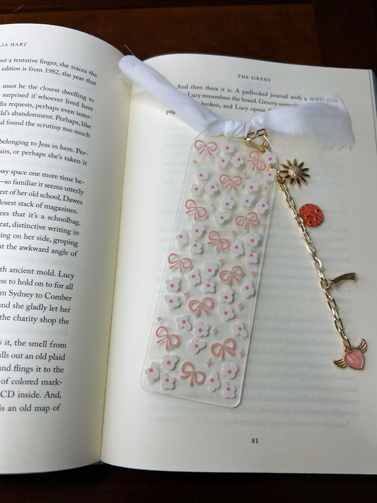 White Flowers and Bows Acrylic Charm Bookmark